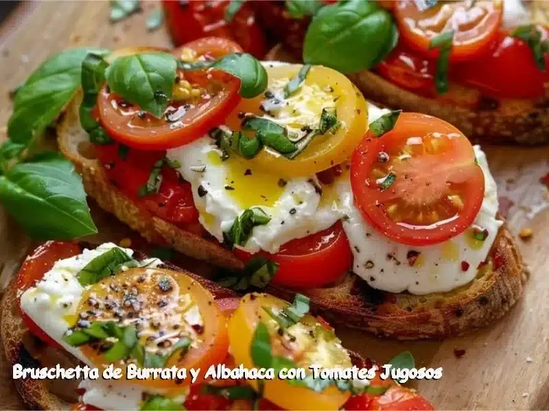 Bruschetta de Burrata con albahaca y tomates jugosos