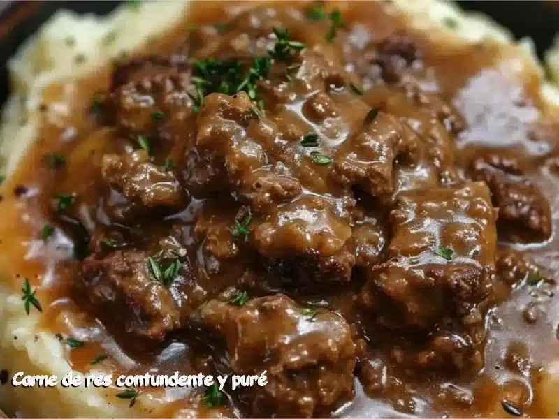 Plato de carne de res contundente acompañado de puré cremoso