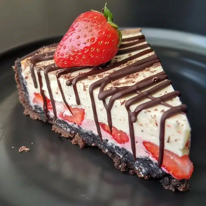 Cheesecake de fresas cubiertas de chocolate con una presentación deliciosa y atractiva