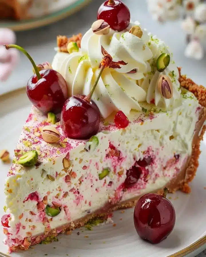 Cheesecake de limón-lima con cereza y pistacho decorado