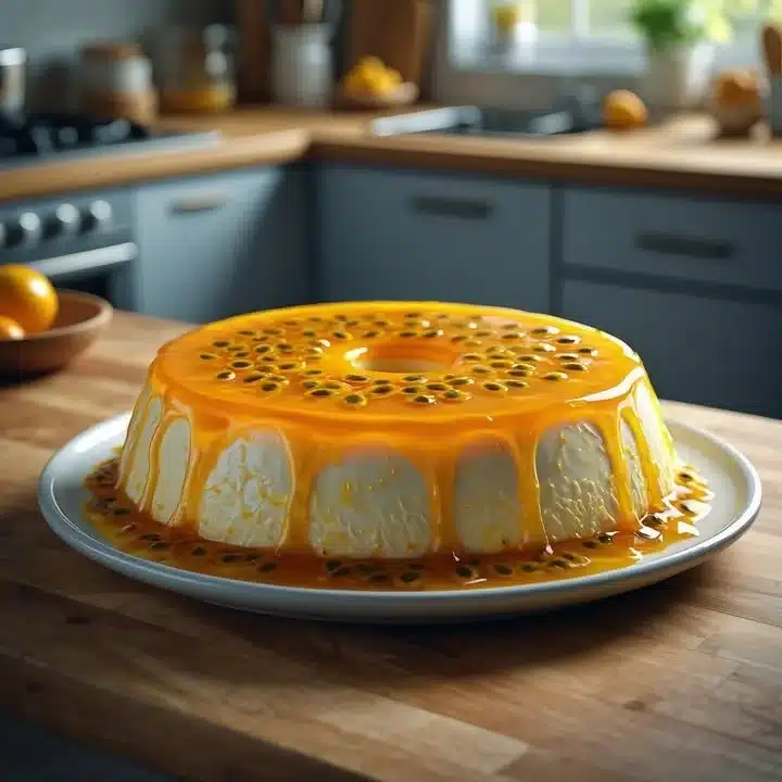 Flan de Maracuyá preparado en licuadora, postre tropical y cremoso.