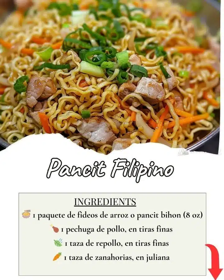 Plato de Pancit Filipino con ingredientes frescos y coloridos.