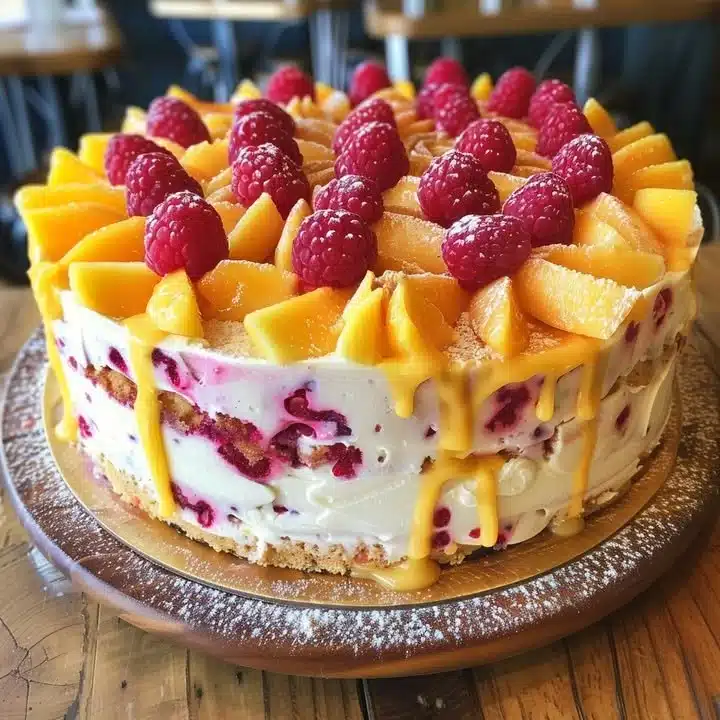 Pastel de Queso de Mango y Frambuesa, postre colorido y sabroso