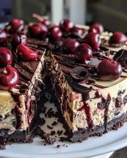 Pastel de queso Selva Negra decorado con cerezas y chocolate