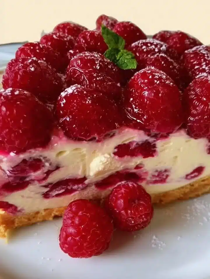 Postre de frambuesa con mascarpone y frescas frambuesas.