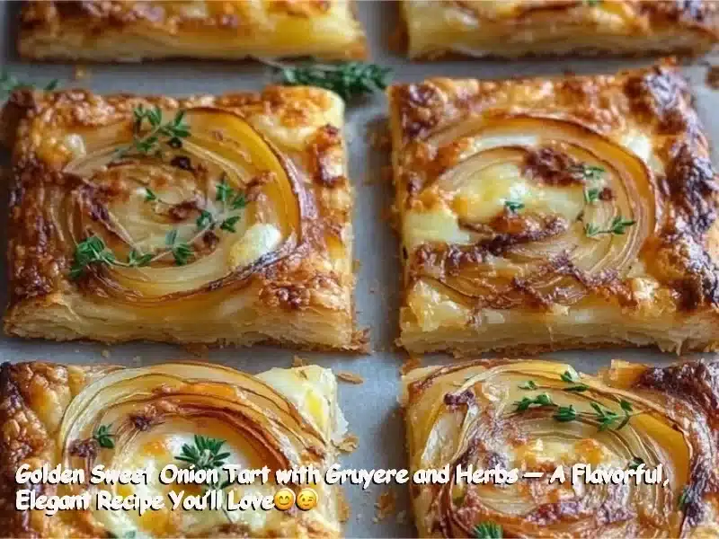 Tarta dulce de cebolla con gruyère y hierbas frescas.
