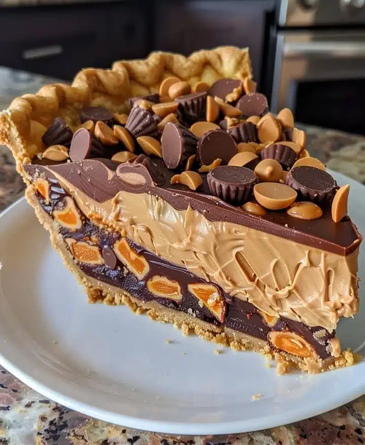 Tarta gigante de Reese's con mantequilla de maní decorada y lista para servir.