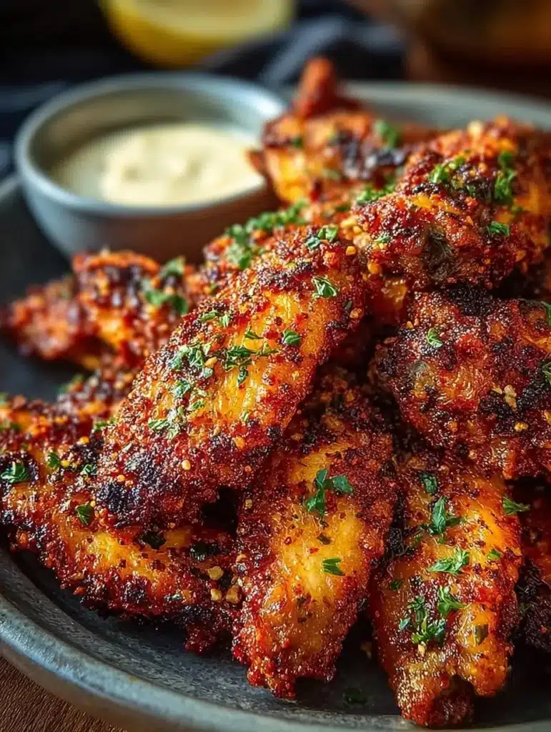 Alitas de pollo con sazonado seco, crujientes y sabrosas en un plato