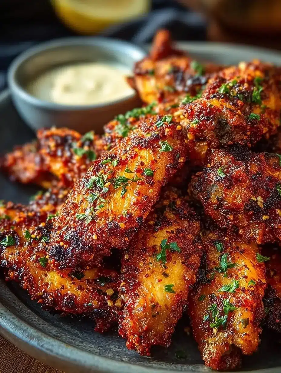 Alitas de pollo con sazonado seco, crujientes y sabrosas en un plato