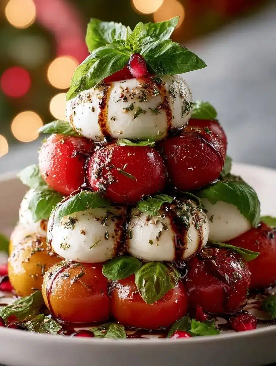 Árbol de Navidad Caprese apilado con ingredientes frescos