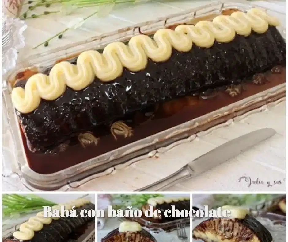 Babá con baño de chocolate, un delicioso postre esponjoso y cubierto de chocolate