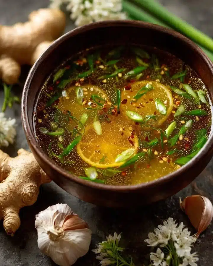 Caldo desintoxicante de limón con miso y jengibre en un plato hondo
