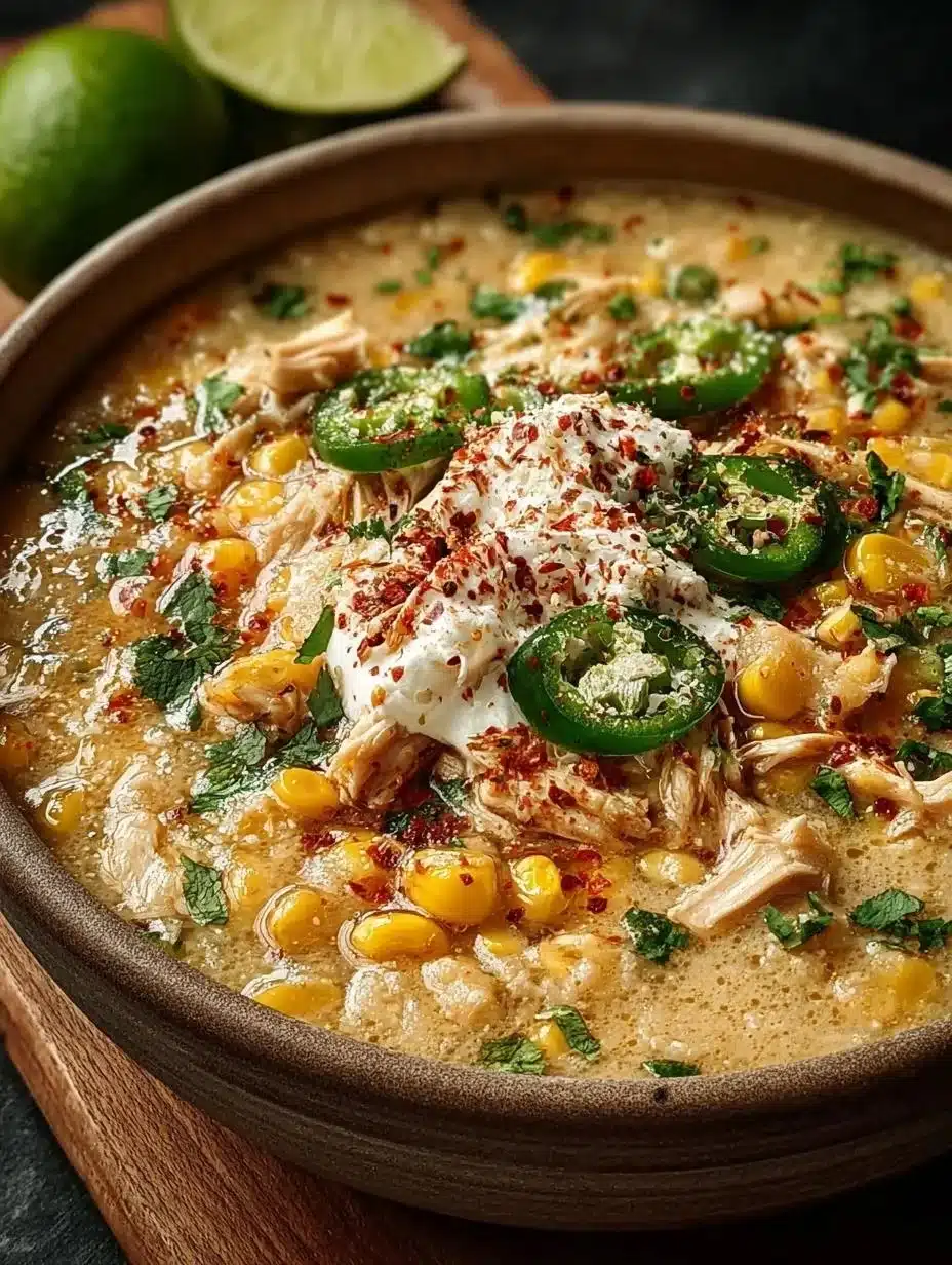 Chili de Pollo Blanco con Maíz Callejero Mexicano 1 Chili de Pollo Blanco con Maíz Callejero Mexicano en un tazón colorido