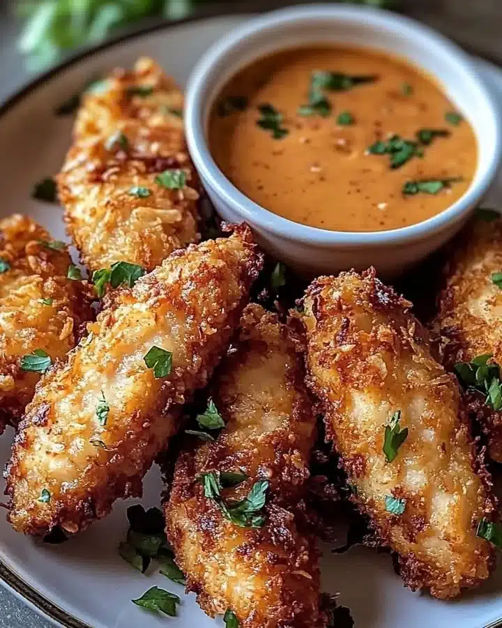 Pollo de coco crujiente con salsa Bang Bang cremosa en un plato atractivo.