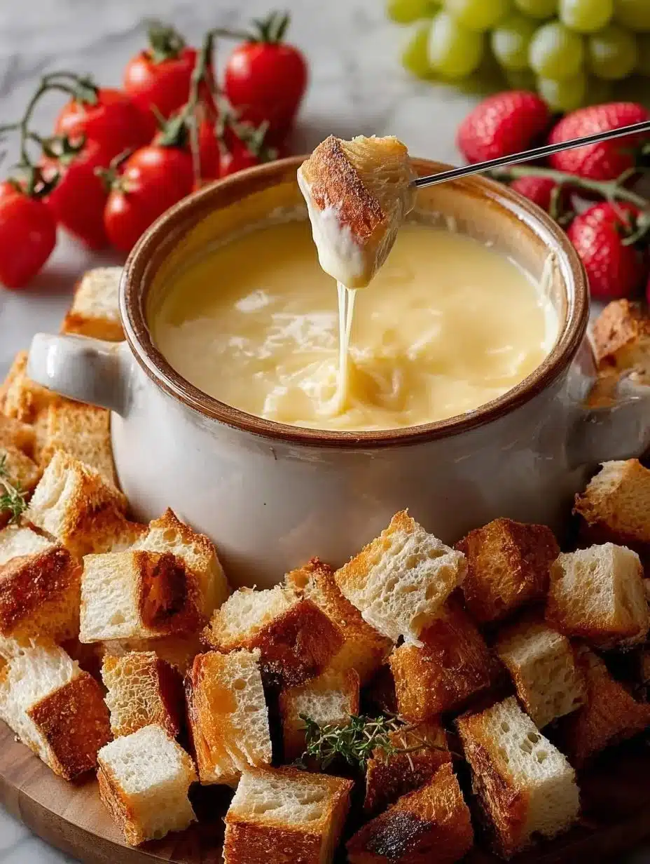 Fondue de queso con vino en una olla, lista para servir con trozos de pan.