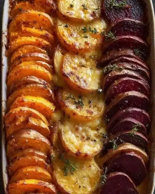Gratin de verduras raíces con batatas, chirivías y remolachas fresco y colorido.