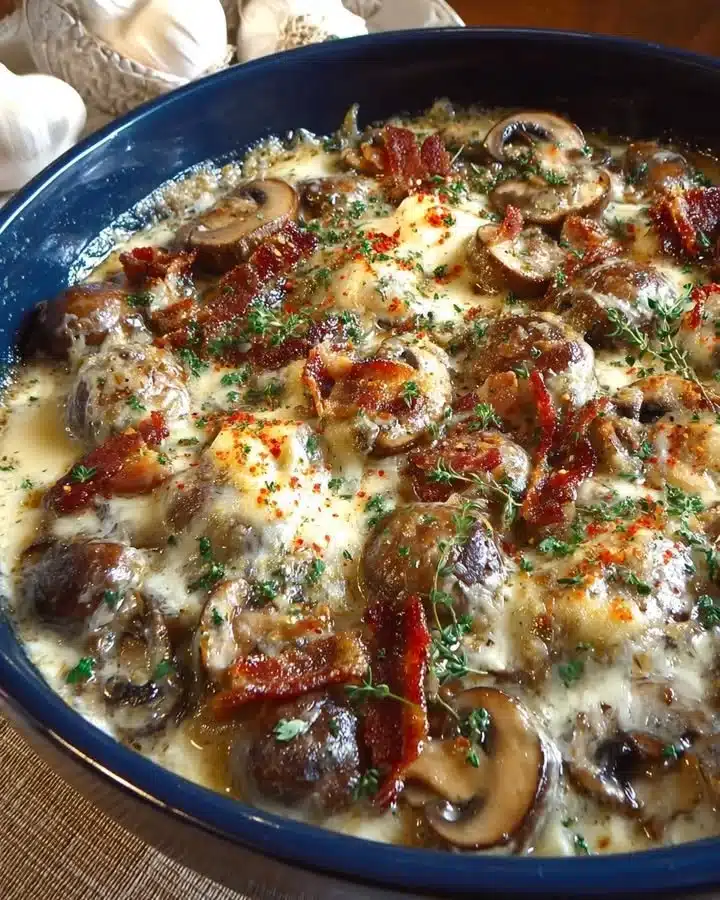 Horneado cremoso de champiñones y tocino recién salido del horno.