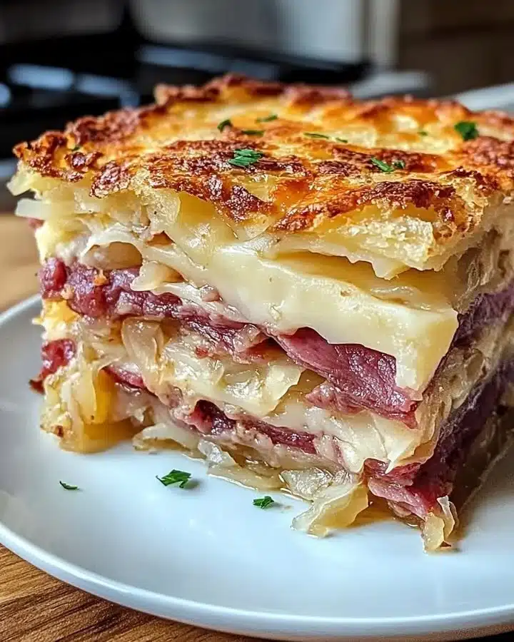 Horneado Reuben Salado y Quesoso fresco y delicioso en un plato.