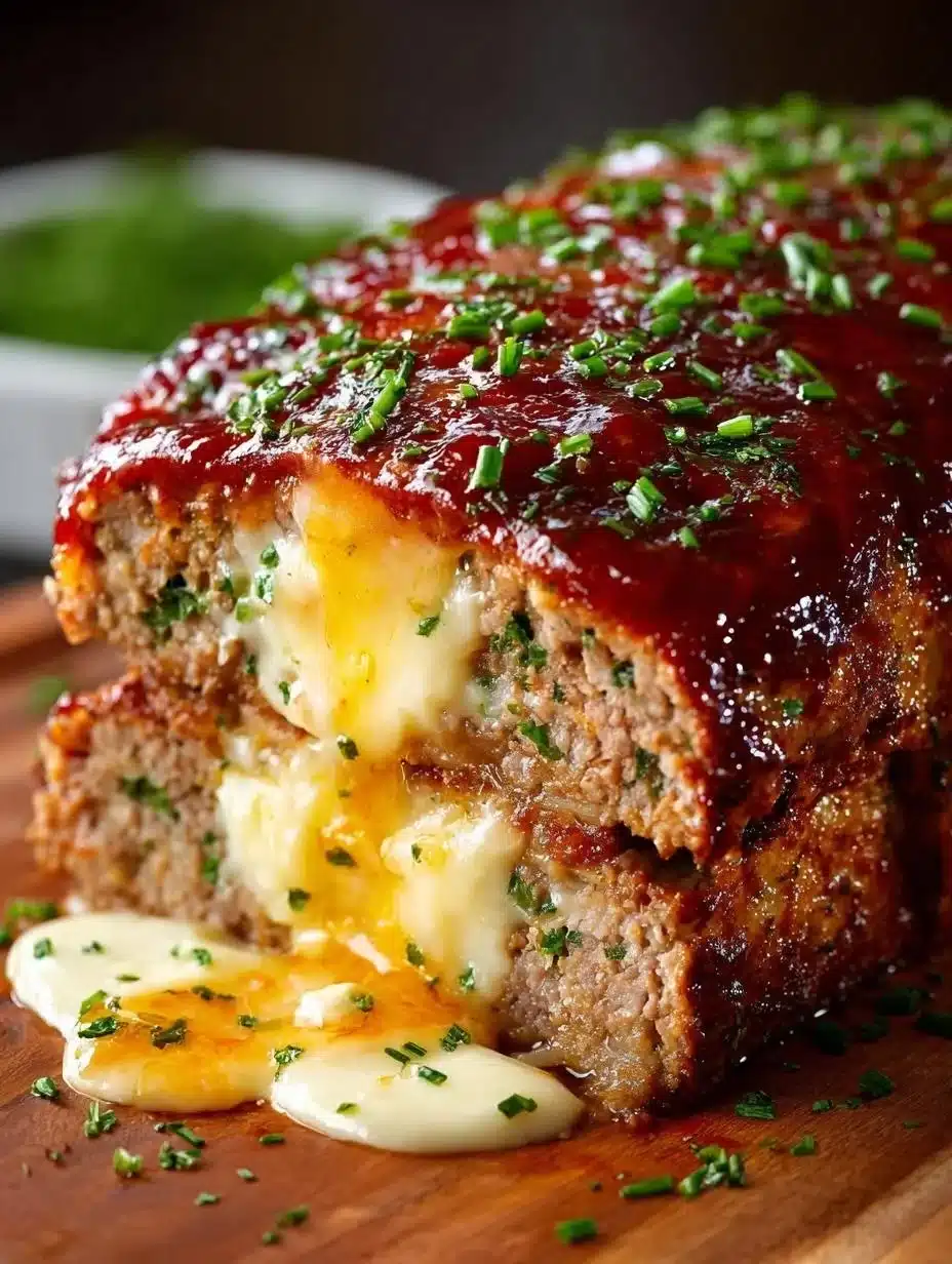 Meatloaf Relleno de Cheddar Glaseado presentado en un plato atractivo