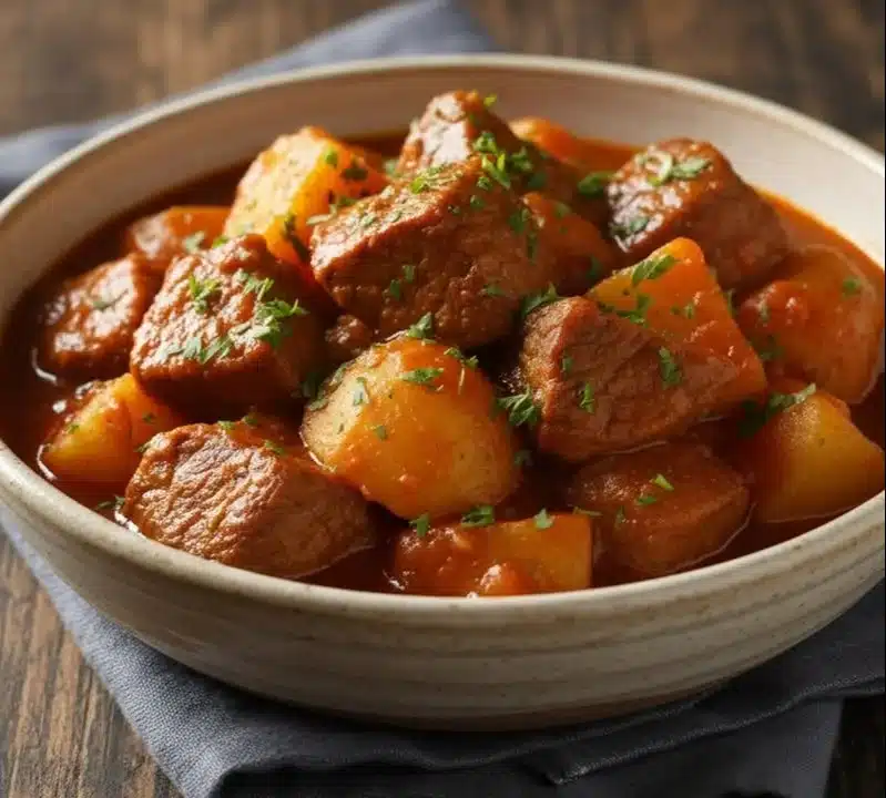 Plato de res deshebrada servido con guarniciones coloridas.