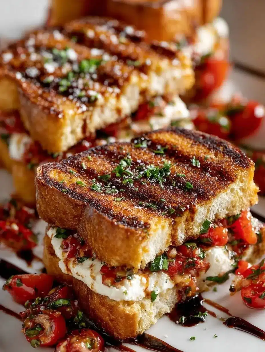 Sándwich de queso a la parrilla con bruschetta fresco y colorido en un plato