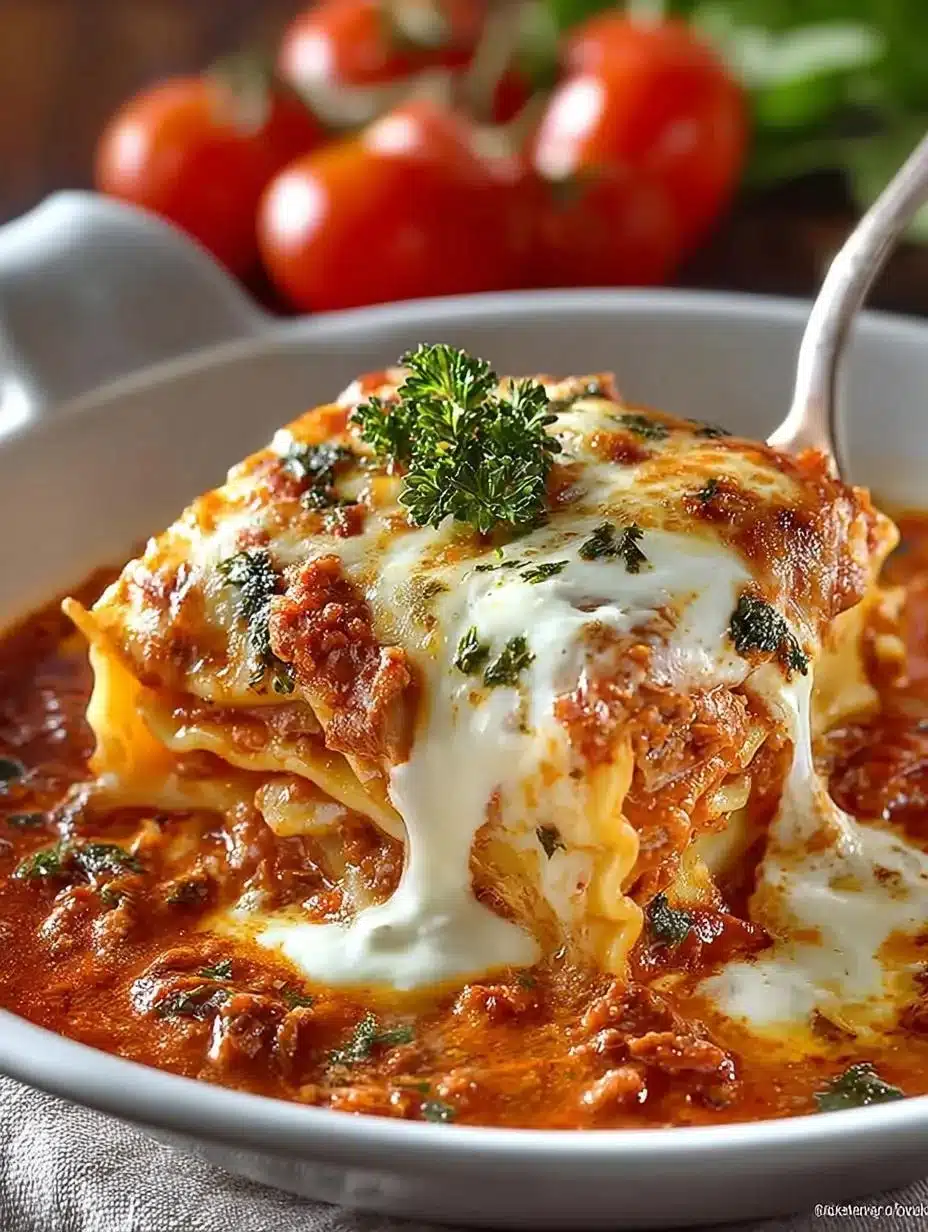 Sopa de Lasaña humeante en un tazón, lista para servir.