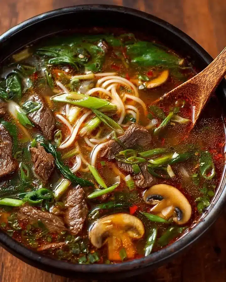 Sopa de Noodles con Carne Picante de Jengibre y Champiñones, un plato lleno de sabor