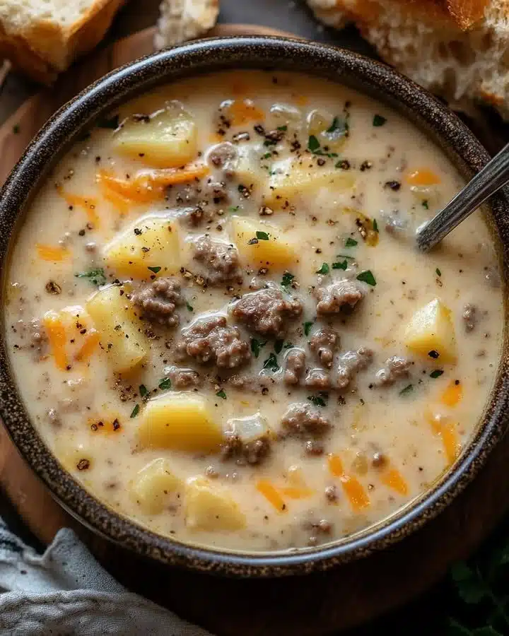 Sopa de Papa acompañada de hamburguesa cremosa con cheddar fundido