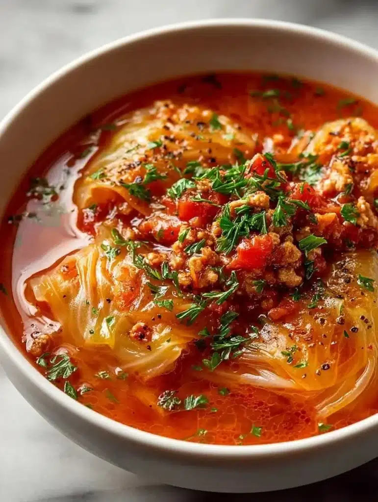 Plato de Sopa de Rollos de Repollo servida en un tazón