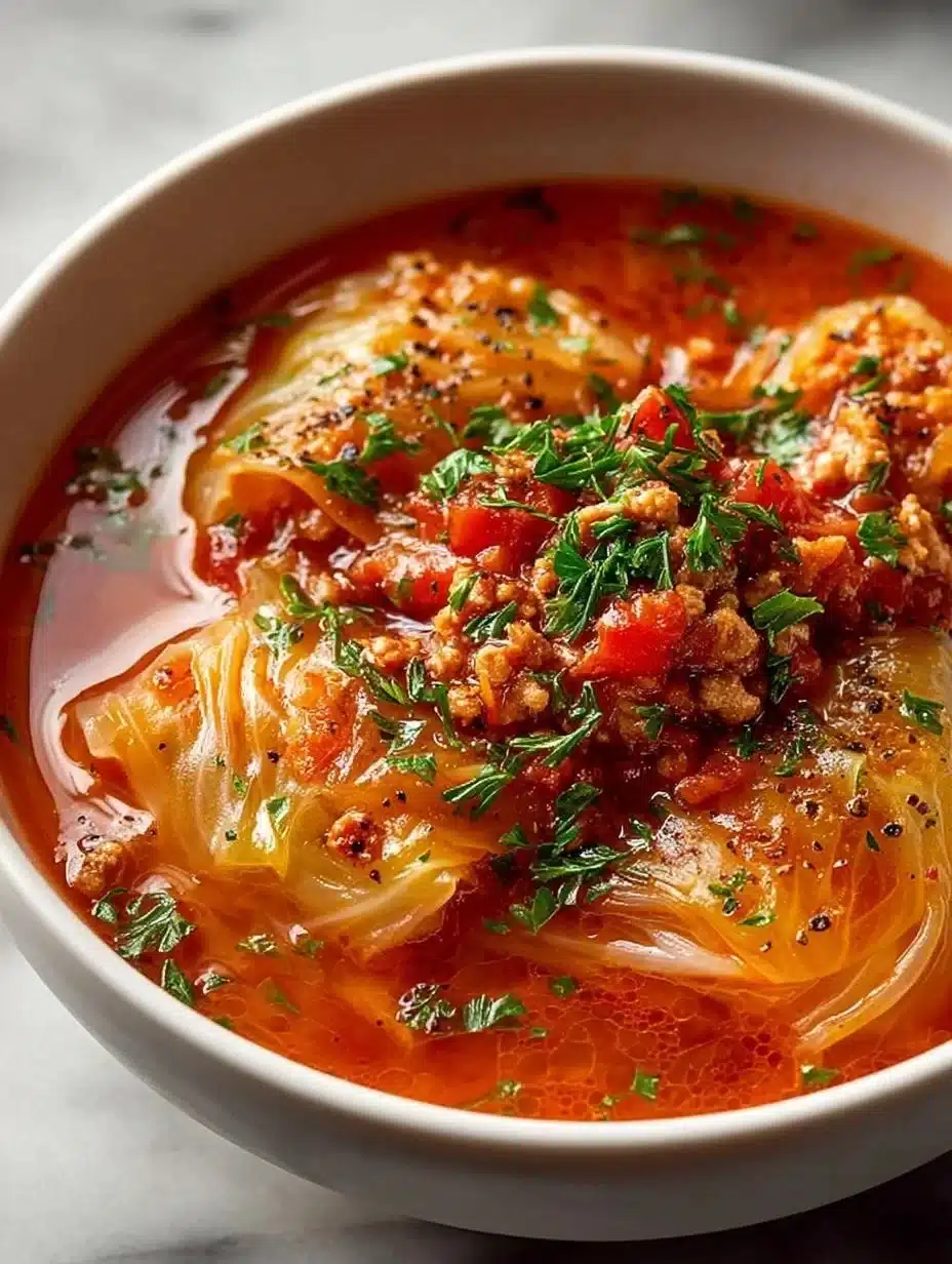 Plato de Sopa de Rollos de Repollo servida en un tazón