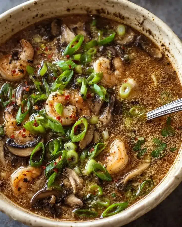 Sopa Picante de Camarones y Champiñones con Jengibre en un tazón