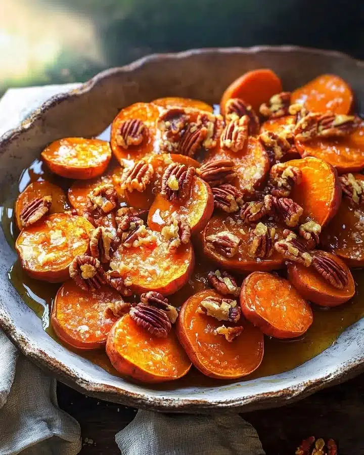 Sueño de batata decorado con jarabe de arce y nueces