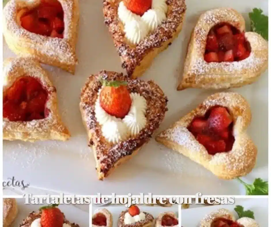 Tartaletas de hojaldre decoradas con fresas frescas y crema