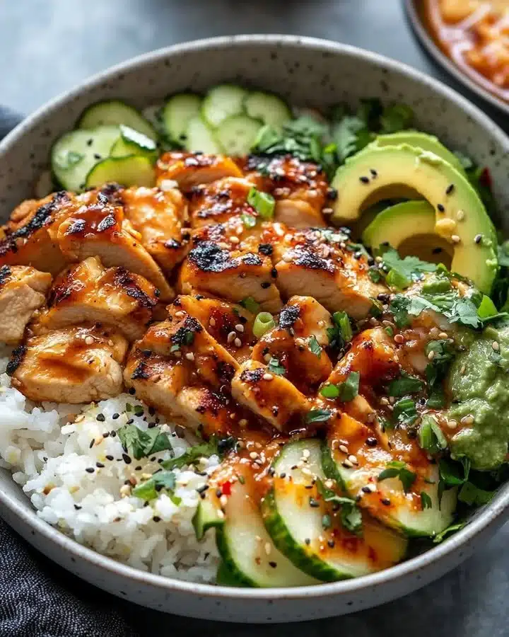 Tazones de pollo con miel y jengibre picante servidos en un plato colorido.